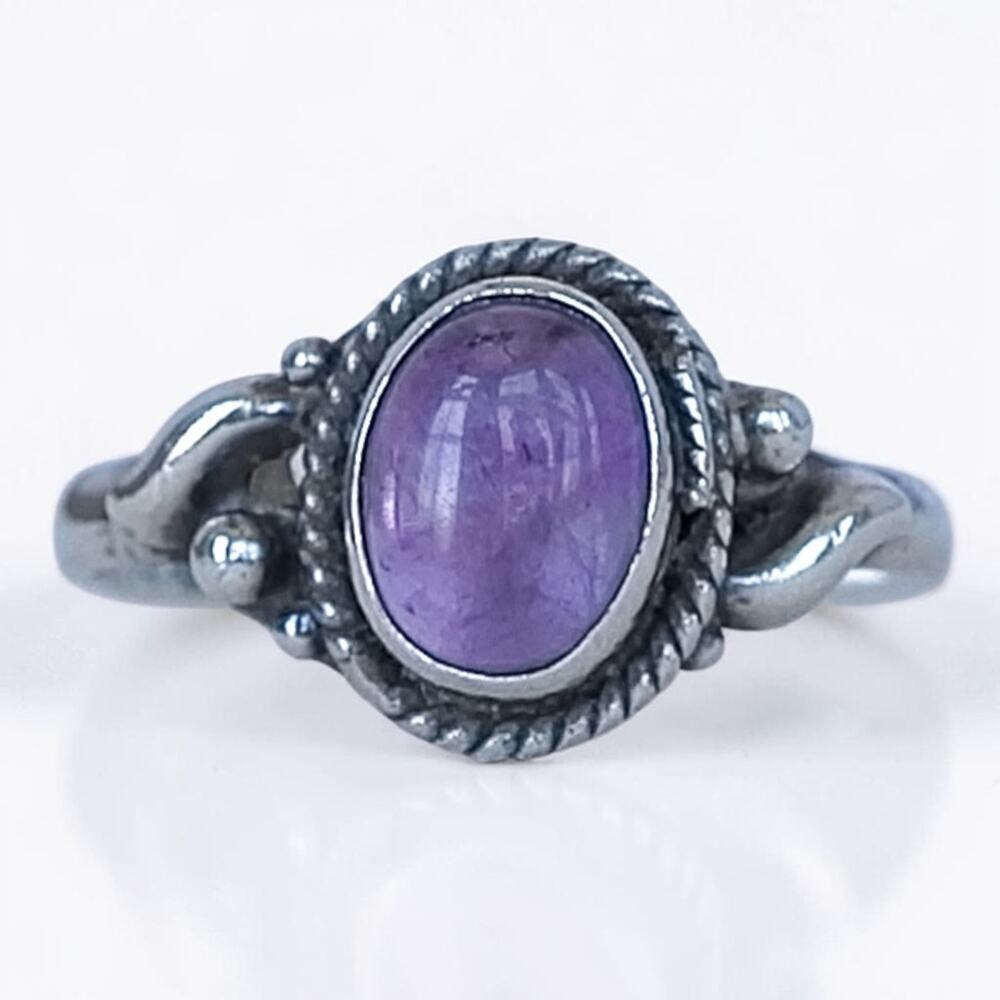 Vintage Sterling Silver 925 Oval Amethyst Ring Signed SJS Size 7 2.28g Purple